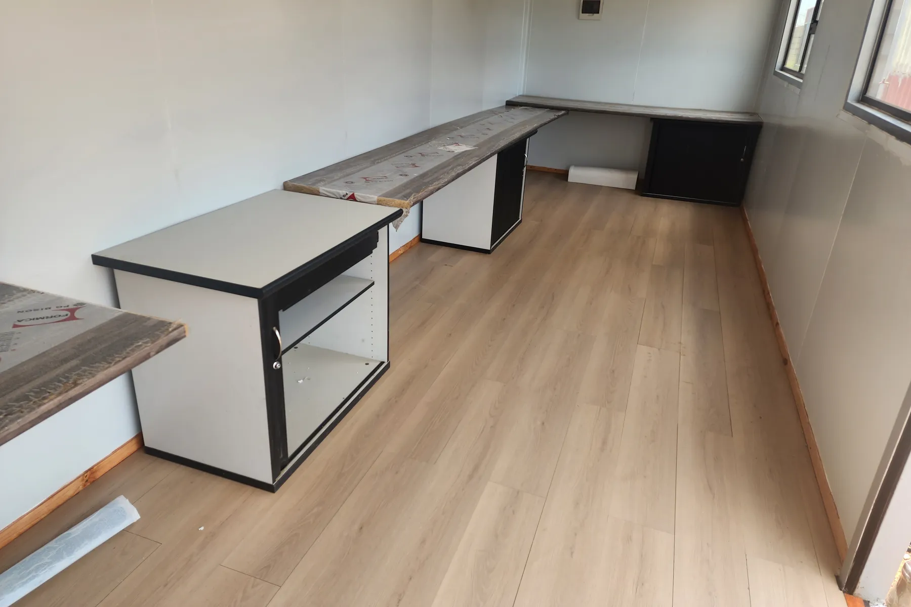 A converted shipping container office