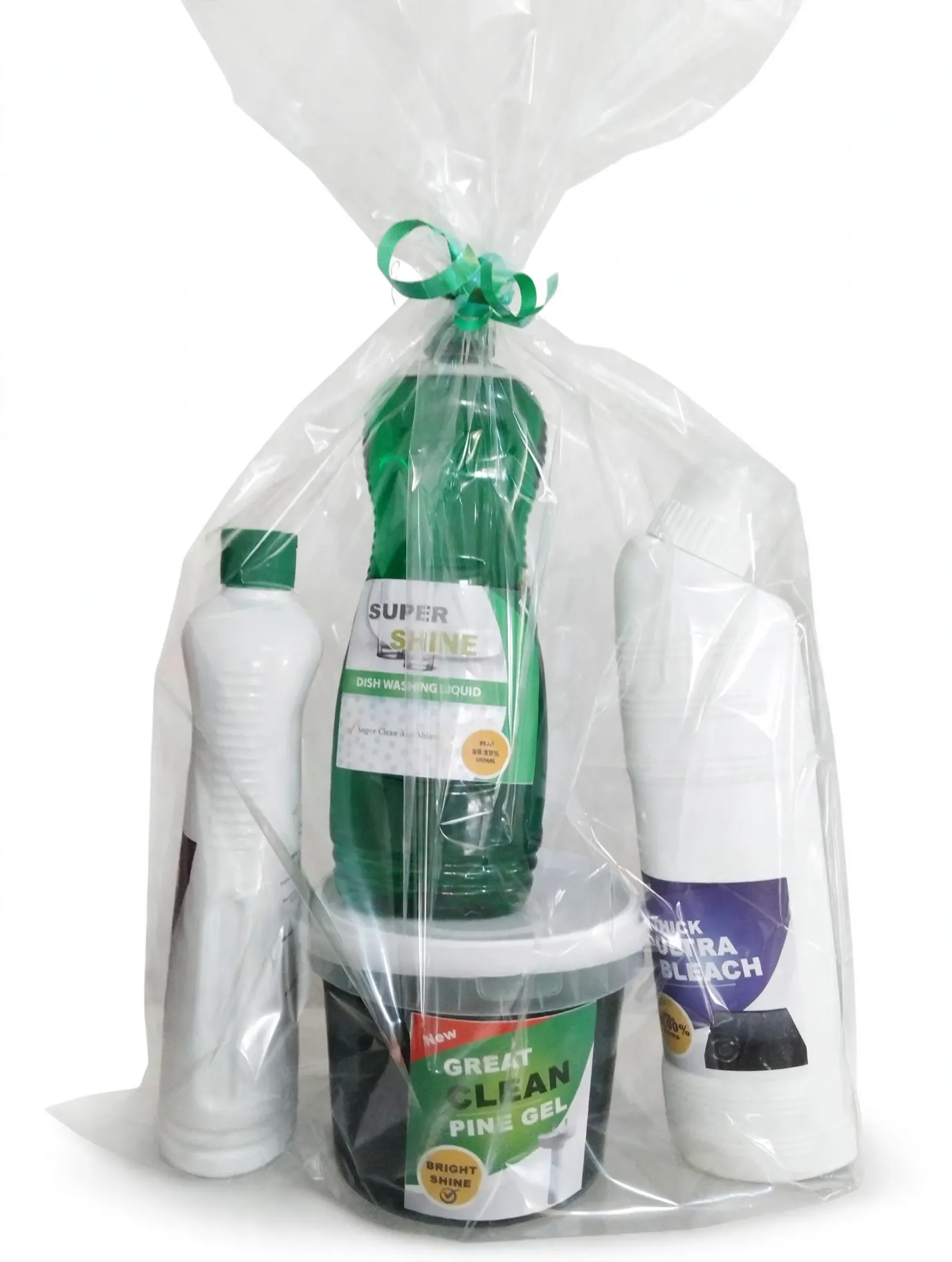 A gift pack of cleaning products wrapped in cellophane